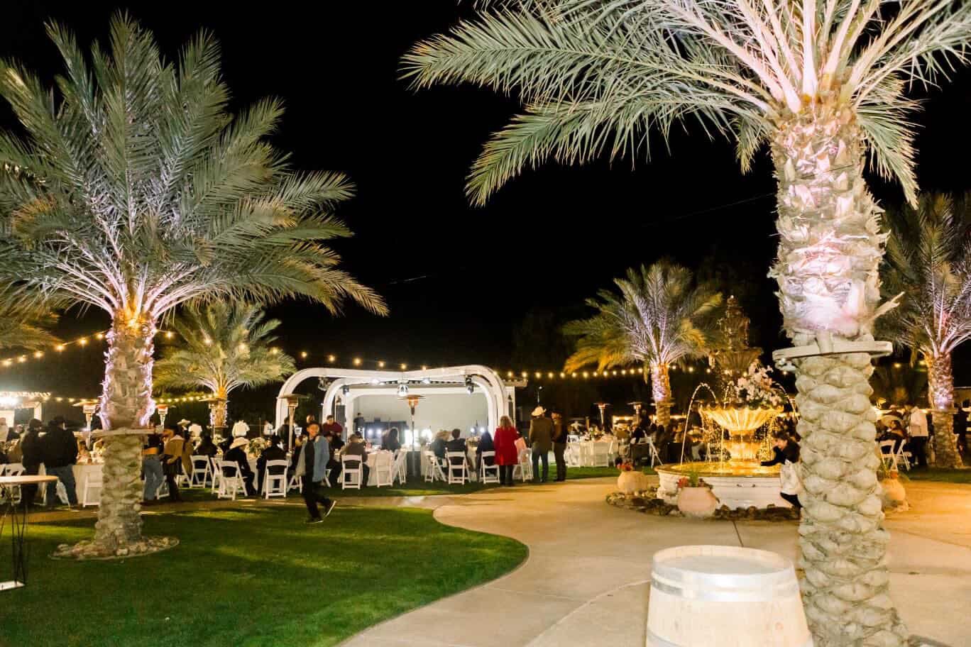 Evening wedding reception with fountain, palm uplighting, and string lights at Rancho Escondido.